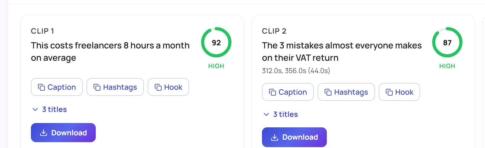 Clips with virality score in the dGENIX dashboard