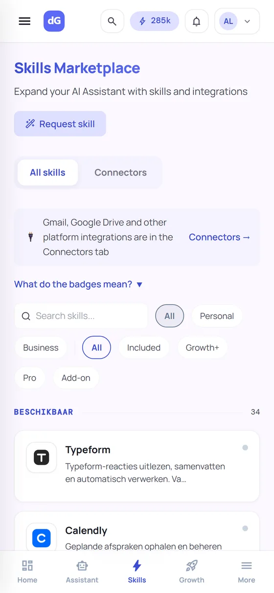 The skills marketplace in the dGENIX app